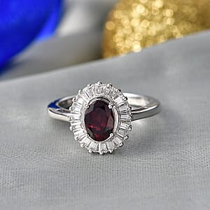 D'Joy Premium Red Zircon and Moissanite 1.80 ctw Ring in Rhodium Over Sterling Silver (Size 5.0)