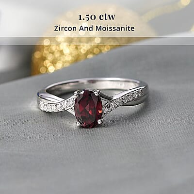 D'Joy Premium Red Zircon and Moissanite 1.50 ctw Ring in Rhodium Over Sterling Silver (Size 9.0)