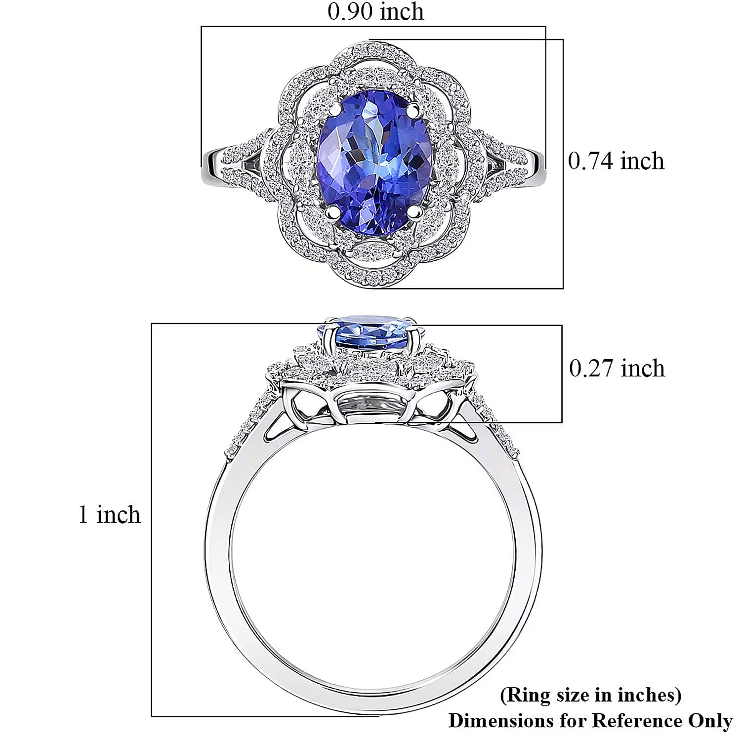 10K White Gold Premium Tanzanite, Luxuriant Lab Grown Diamond (E-F, VS) (0.40 cts) Blue Crownfire Ring (Size 6.0) 2.30 ctw