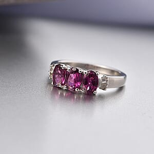 D'Joy AAA Radiant Ember Garnet and Diamond 1.80 ctw Ballerina Ring in Rhodium Over Sterling Silver 1.68 (Size 10.0)