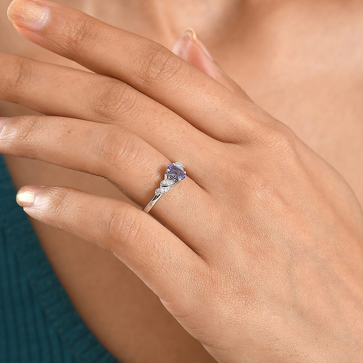 D'Joy Tanzanite and Moissanite 0.70 ctw Eternal Twist Ring in Rhodium Over Sterling Silver (Size 10.0) image number 2