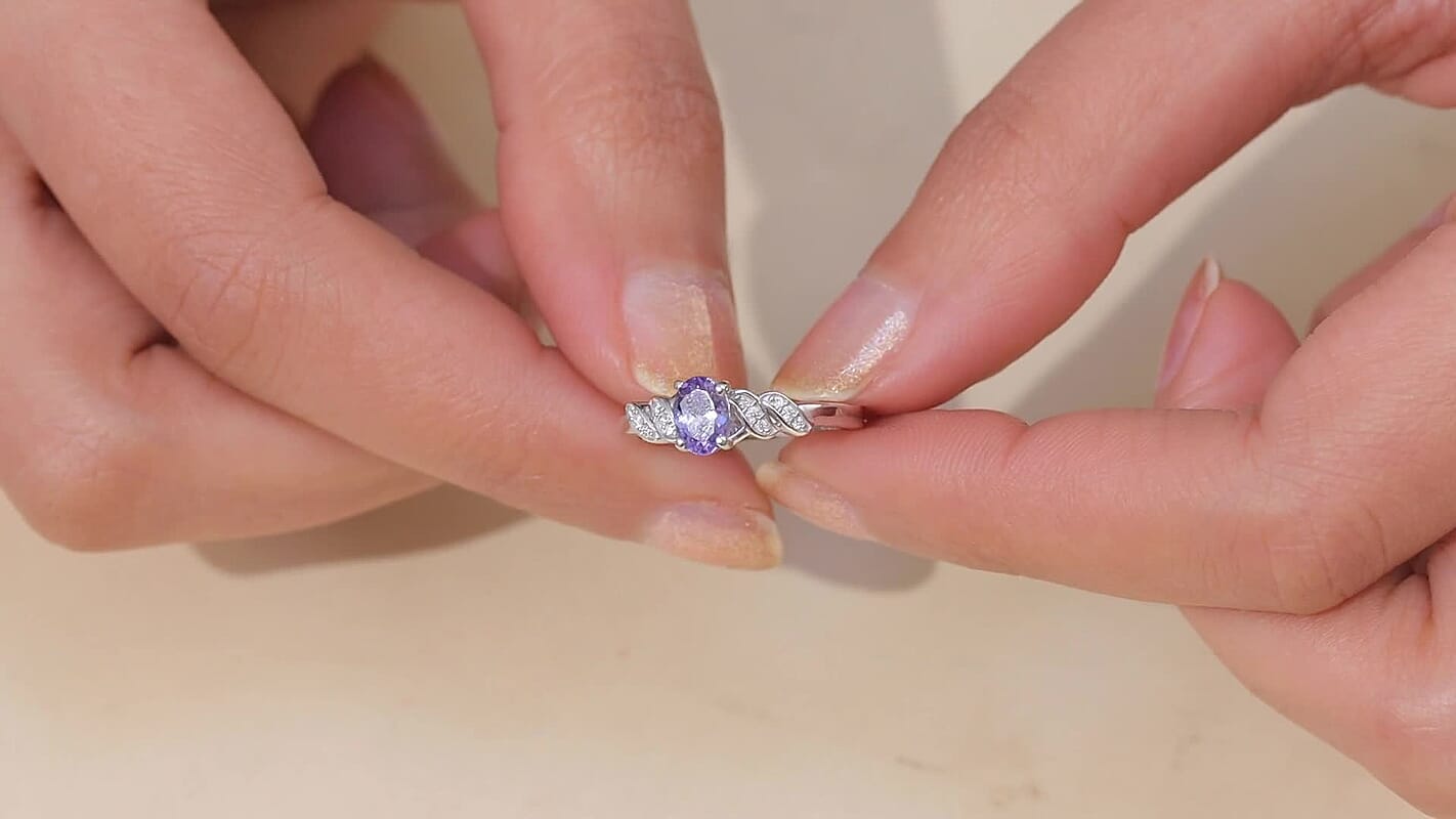 D'Joy Tanzanite, Moissanite Eternal Twist Ring in Rhodium Over Sterling Silver (Size 10.0) 0.70 ctw