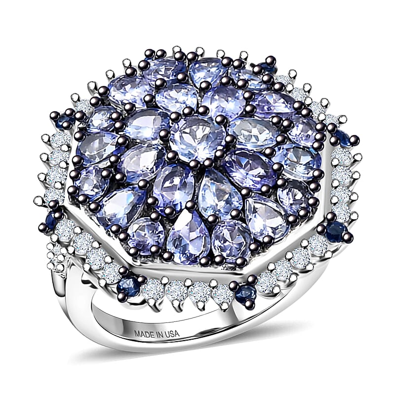 D'Joy Tanzanite and Multi Gemstone 4.50 ctw Geometrical Arab Art Ring in Rhodium Over Sterling Silver (Size 5.0)