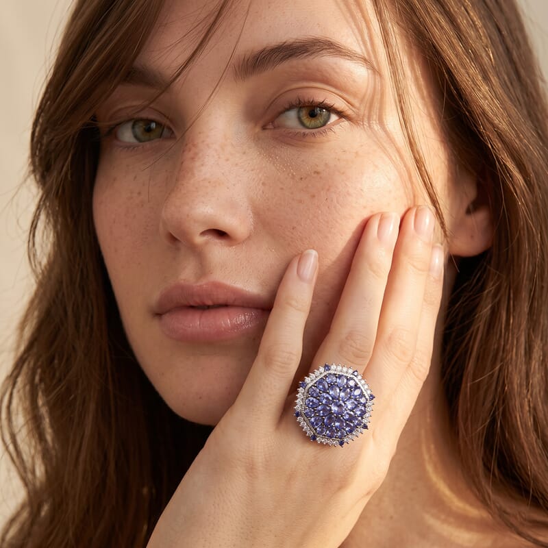 D'Joy Tanzanite and Multi Gemstone 4.50 ctw Geometrical Arab Art Ring in Rhodium Over Sterling Silver (Size 5.0)