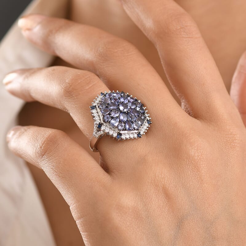 D'Joy Tanzanite and Multi Gemstone 4.50 ctw Geometrical Arab Art Ring in Rhodium Over Sterling Silver (Size 5.0)