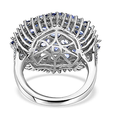D'Joy Tanzanite and Multi Gemstone 4.50 ctw Geometrical Arab Art Ring in Rhodium Over Sterling Silver (Size 5.0)