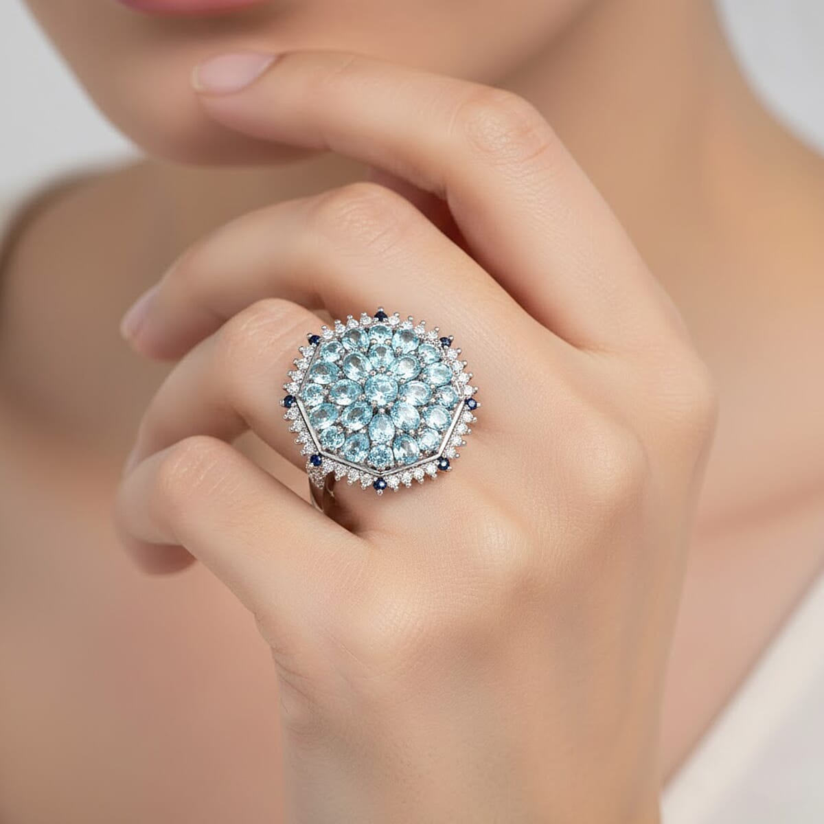 D'Joy Betroka Blue Apatite and Multi Gemstone 4.90 ctw Geometrical Arab Art Ring in Rhodium Over Sterling Silver (Size 10.0) image number 2