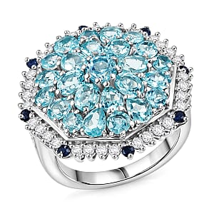 D'Joy Betroka Blue Apatite and Multi Gemstone 4.90 ctw Geometrical Arab Art Ring in Rhodium Over Sterling Silver (Size 6.0)