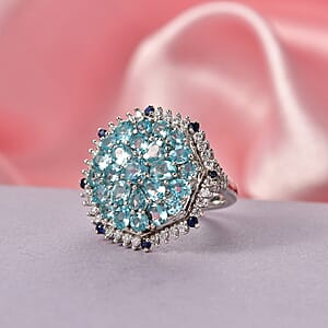D'Joy Betroka Blue Apatite and Multi Gemstone 4.90 ctw Geometrical Arab Art Ring in Rhodium Over Sterling Silver (Size 6.0)