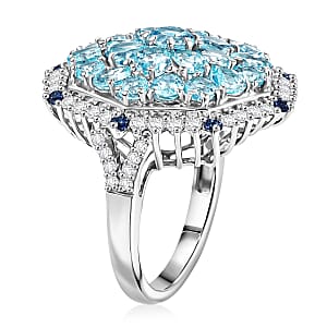 D'Joy Betroka Blue Apatite and Multi Gemstone 4.90 ctw Geometrical Arab Art Ring in Rhodium Over Sterling Silver (Size 6.0)