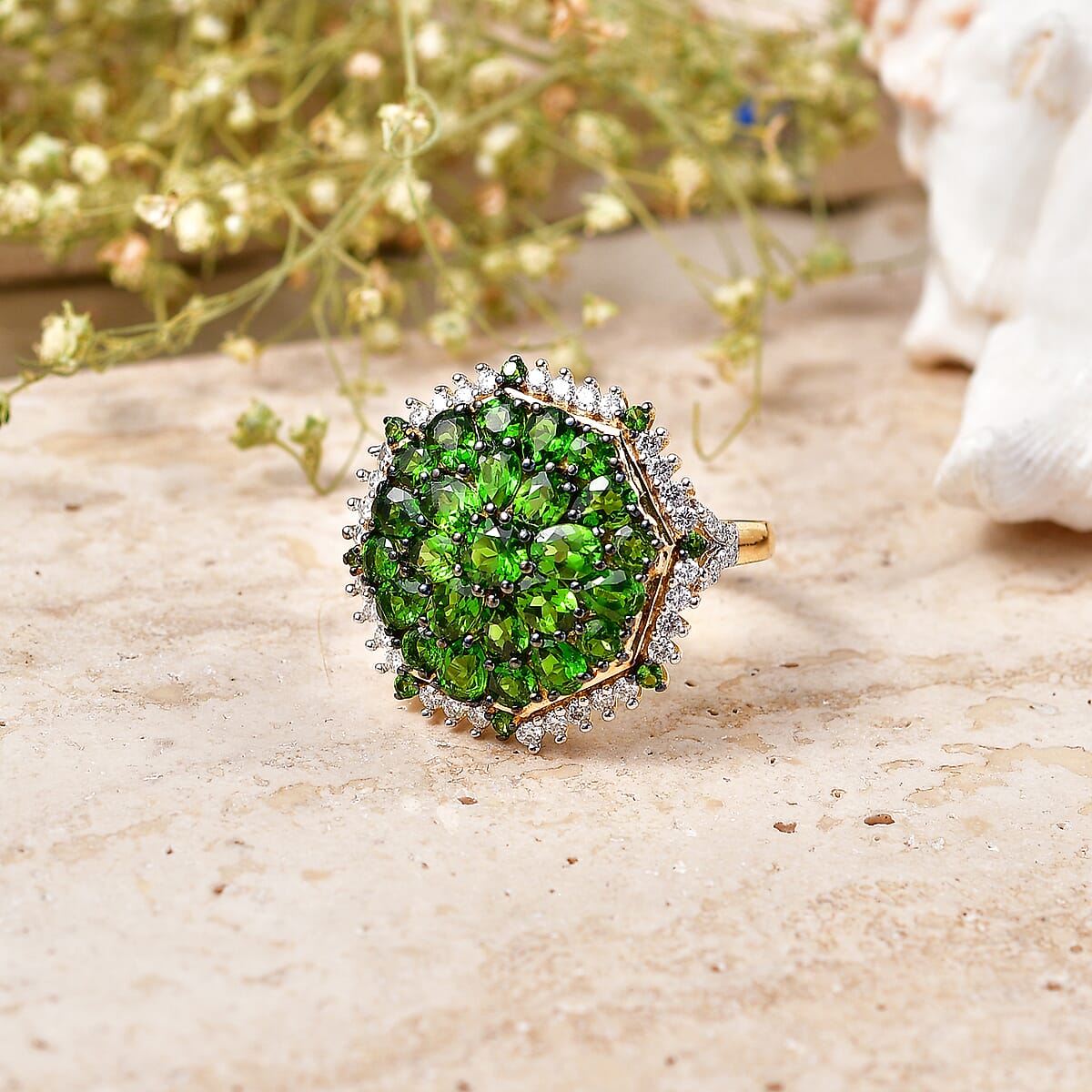D'Joy Chrome Diopside and Multi Gemstone 4.35 ctw Geometrical Arab Art Ring in 18K Vermeil Yellow Gold Over Sterling Silver (Size 6.0) image number 1