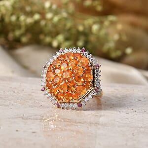 D'Joy Jalisco Fire Opal and Multi Gemstone 3.20 ctw Geometrical Arab Art Ring in 18K Vermeil Yellow Gold Over Sterling Silver (Size 7.0)