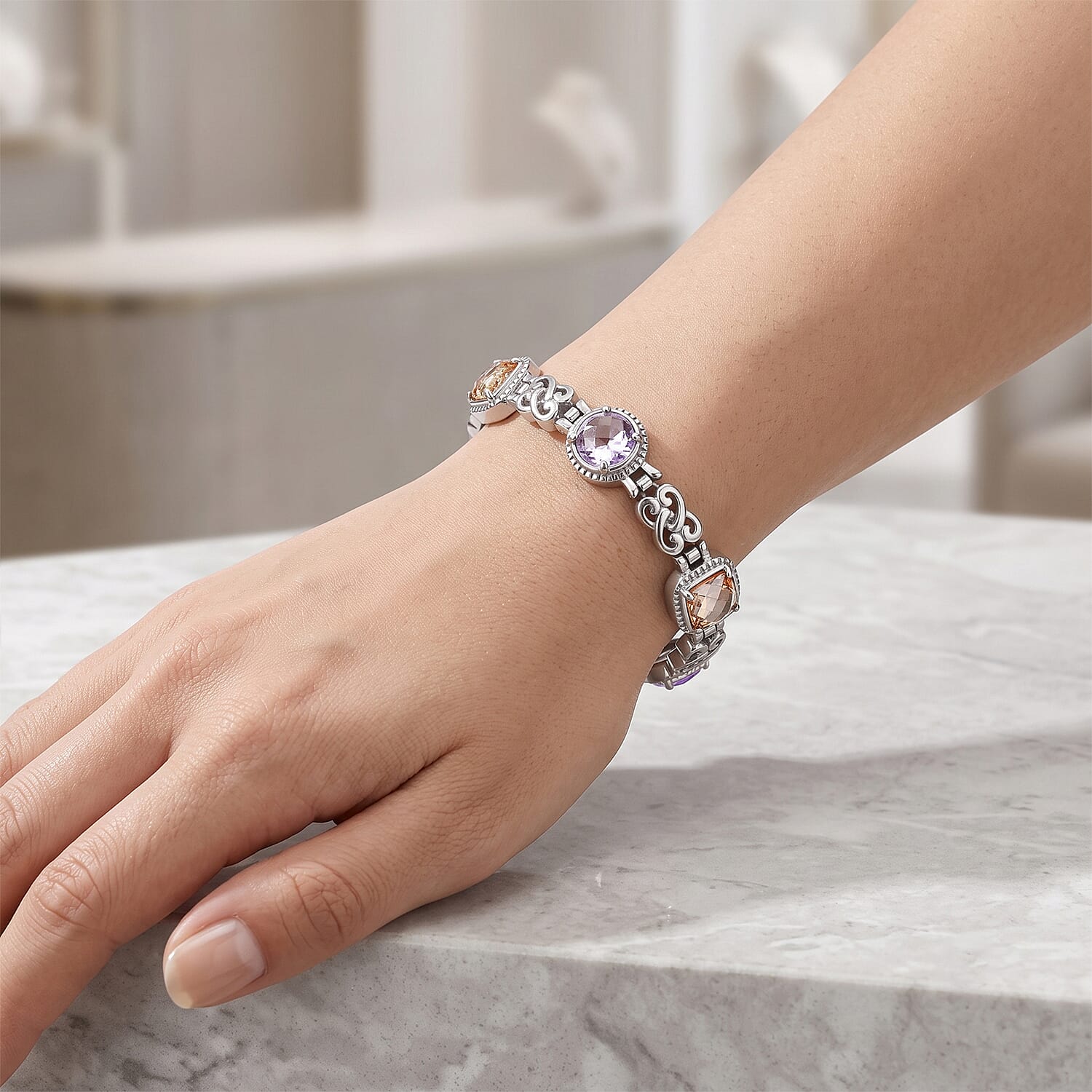EverTrue Simulated Champagne and Lavender Diamond Bracelet in Stainless Steel (7.25 In)