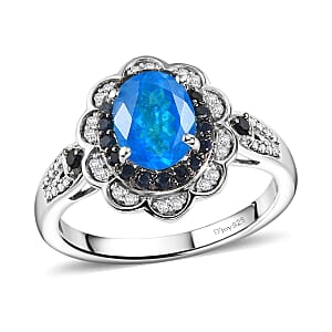 D'Joy Premium Malgache Neon Apatite and Multi Gemstone 2.40 ctw Flower Ring in Rhodium Over Sterling Silver (Size 10.0)