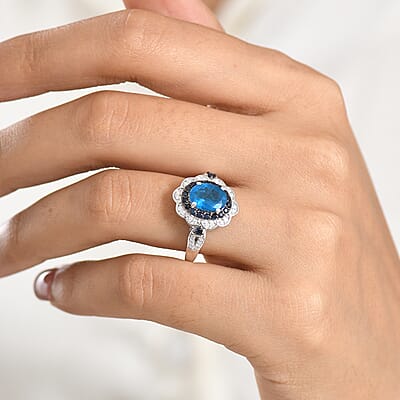 D'Joy Premium Malgache Neon Apatite and Multi Gemstone 2.40 ctw Flower Ring in Rhodium Over Sterling Silver (Size 6.0)