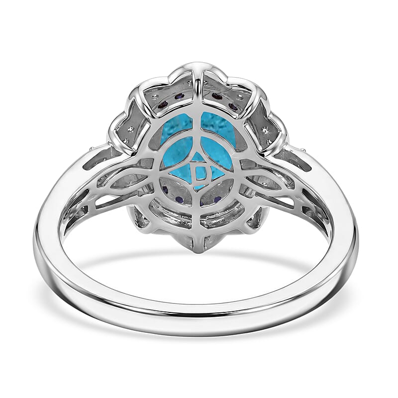 D'Joy Premium Malgache Neon Apatite and Multi Gemstone 2.40 ctw Flower Ring in Rhodium Over Sterling Silver (Size 6.0)