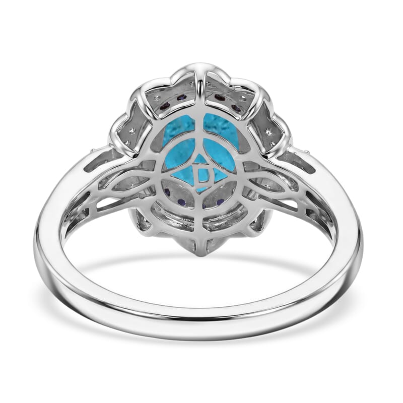 D'Joy Premium Malgache Neon Apatite and Multi Gemstone 2.40 ctw Flower Ring in Rhodium Over Sterling Silver (Size 7.0)