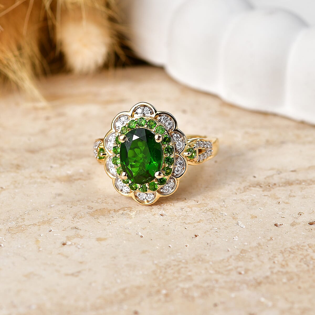 D'Joy Premium Chrome Diopside and Moissanite 2.40 ctw Flower Ring in 18K Vermeil Yellow Gold Over Sterling Silver (Size 6.0) image number 1