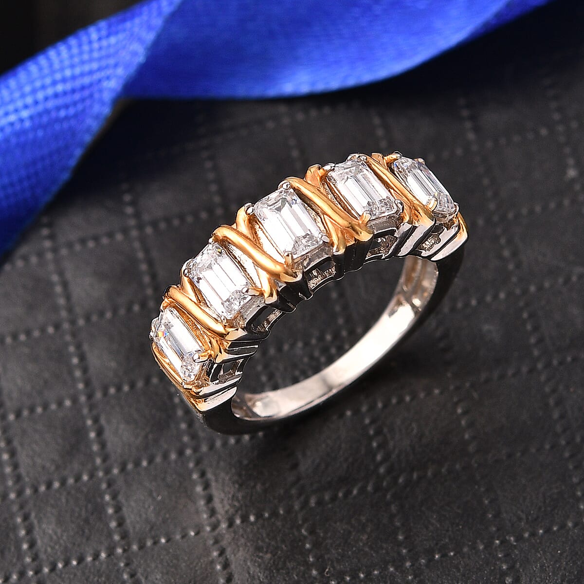 EverTrue Simulated Diamond 5 Stone Ring in 18K YG Plated and Platinum Bond (Size 10.0) image number 1