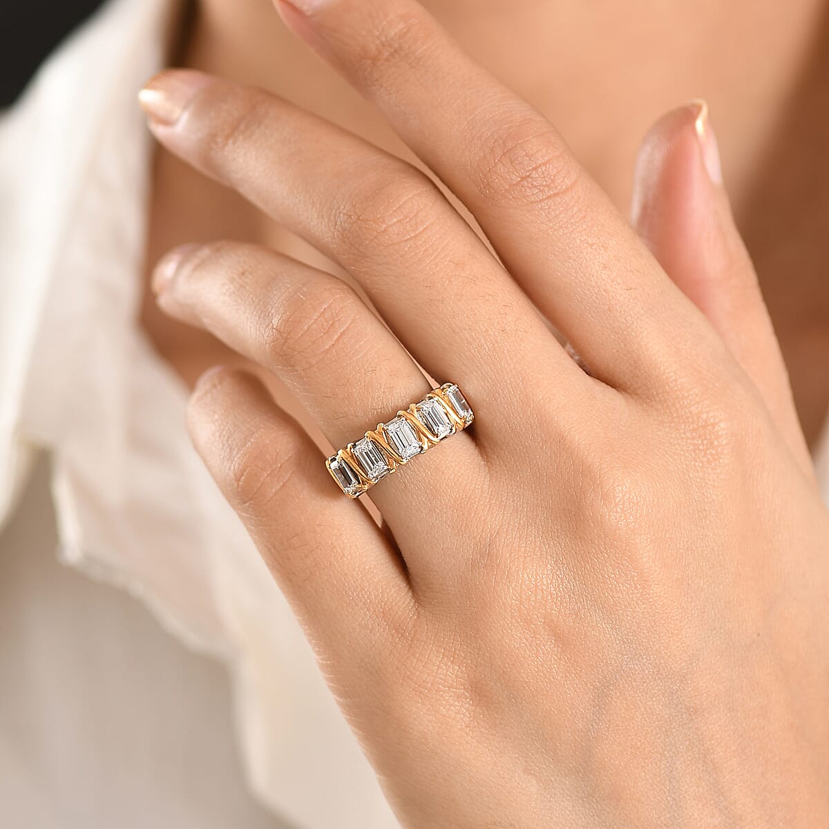 EverTrue Simulated Diamond 5 Stone Ring in 18K YG Plated and Platinum Bond (Size 8.0) image number 2