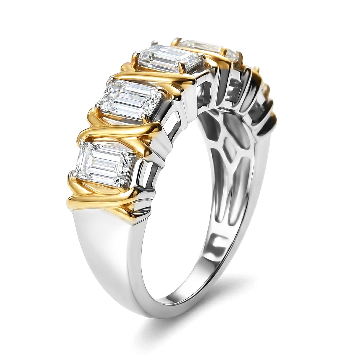 EverTrue Simulated Diamond 5 Stone Ring in 18K YG Plated and Platinum Bond (Size 9.0) image number 3