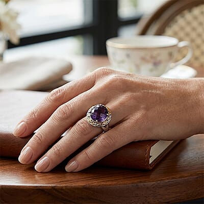 EverTrue Simulated Amethyst Color Diamond Solitaire Ring in 18K YG Plated and Platinum Bond (Size 9.0)