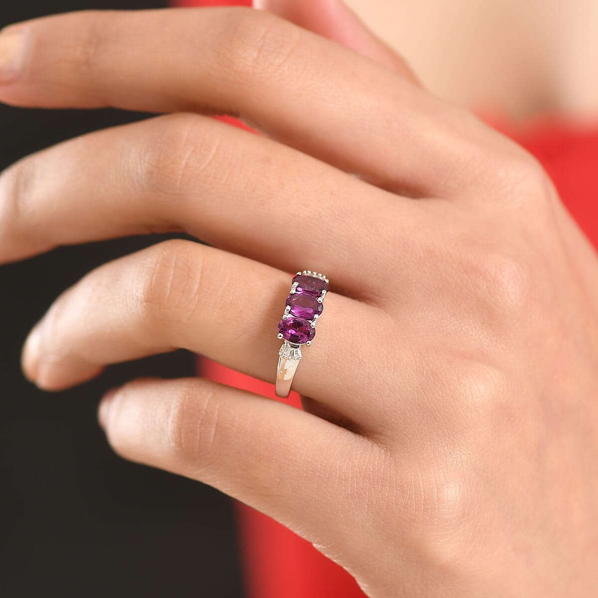 D'Joy AAA Radiant Ember Garnet and Diamond 1.80 ctw Ballerina Ring in Rhodium Over Sterling Silver 1.68 (Size 6.0) image number 2