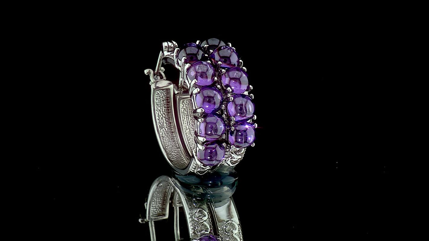 EverTrue Checkerboard Cut Simulated Amethyst Color Diamond Hoop Earrings in Stainless Steel 21.25 ctw