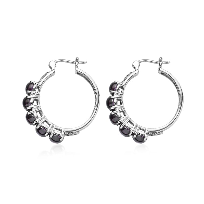 EverTrue Checkerboard Cut Simulated Amethyst Color Diamond Hoop Earrings in Stainless Steel