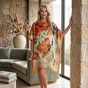 La Marey Yellow with Orange Flower Silk Feeling Kaftan
