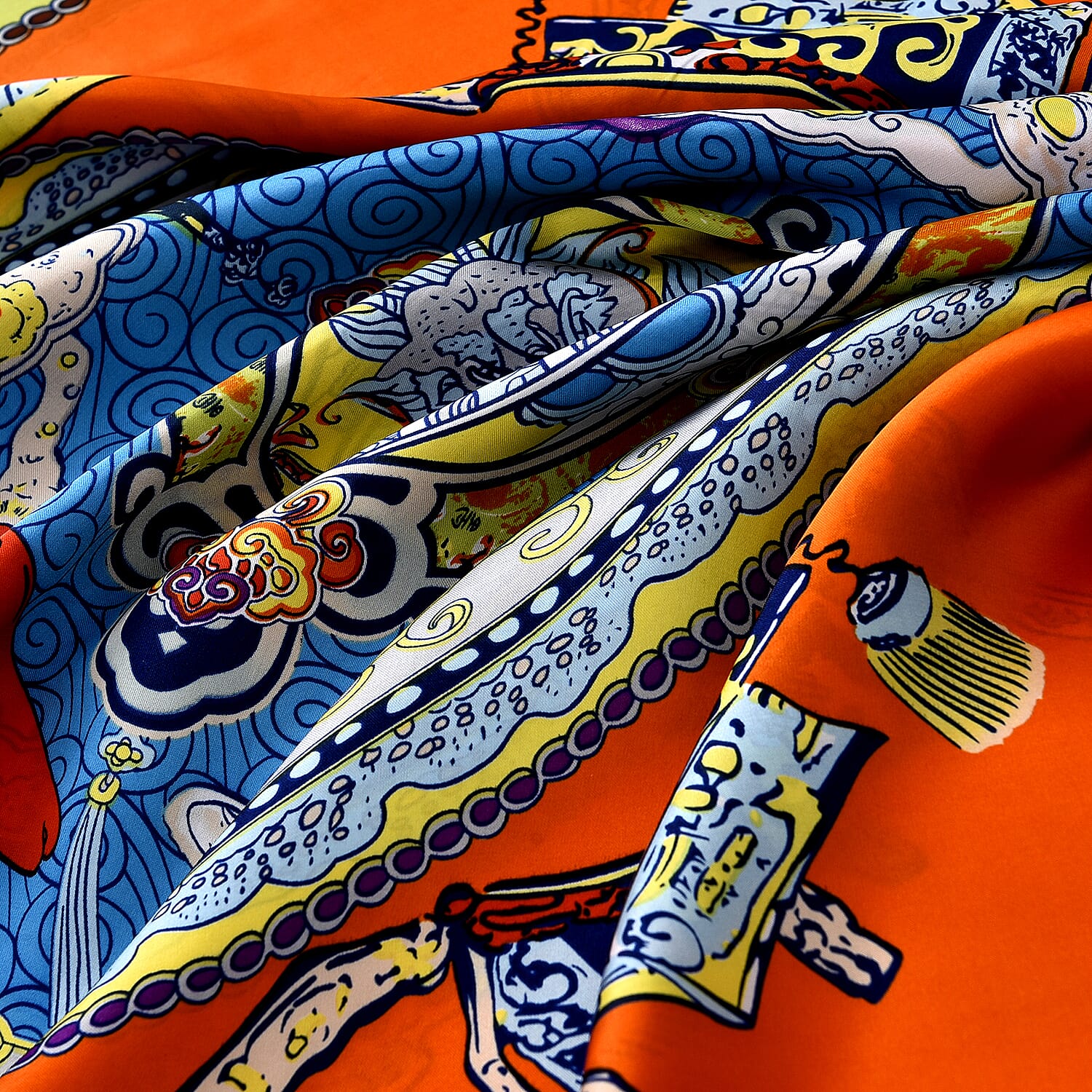 La Marey Orange with Multi Color Medallion Print Silk Feeling Kaftan - One Size Fits Most
