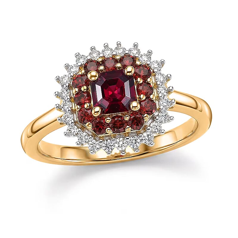 D'Joy Premium Anthill Garnet, Moissanite 1.15 ctw Crimson Core Ring in 18K Vermeil Yellow Gold Over Sterling Silver (Size 10.0)