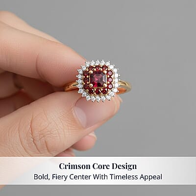 D'Joy Premium Anthill Garnet, Moissanite 1.15 ctw Crimson Core Ring in 18K Vermeil Yellow Gold Over Sterling Silver (Size 10.0)
