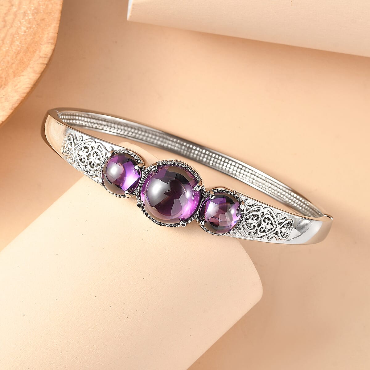 EverTrue Simulated Amethyst Color Diamond Bangle Bracelet in Stainless Steel (6.5 In) image number 1