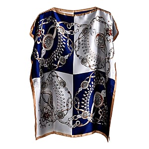 La Marey Navy Floral Silk Feeling Kaftan