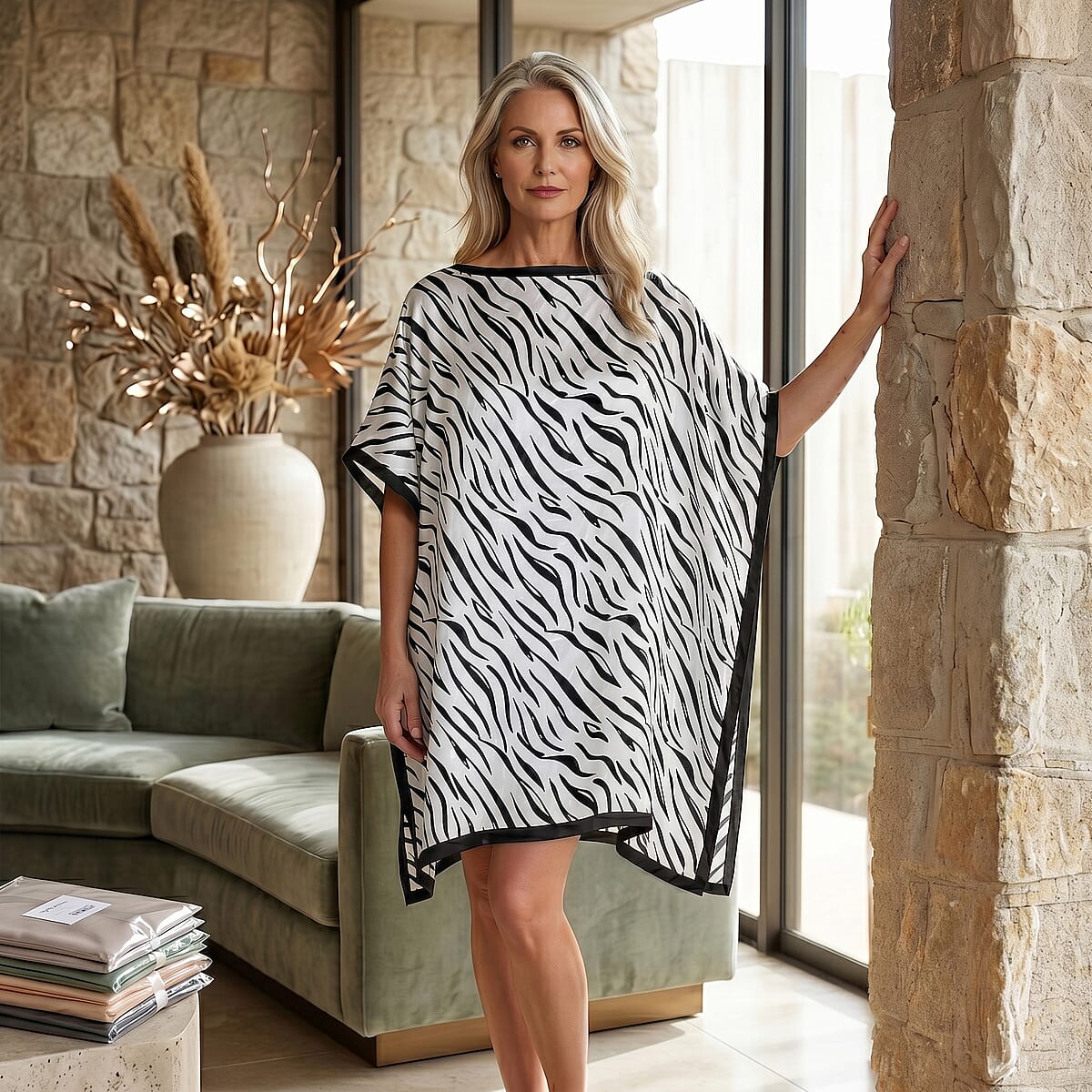 La Marey Black and White Silk Feeling Kaftan image number 1