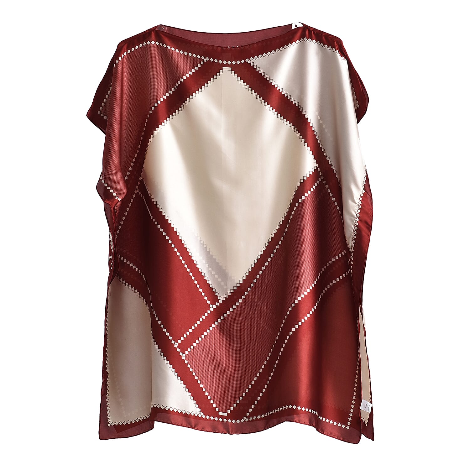 La Marey Wine Red and Ivory Geometric Diamond Silk Feeling Kaftan - One Size Fits Most