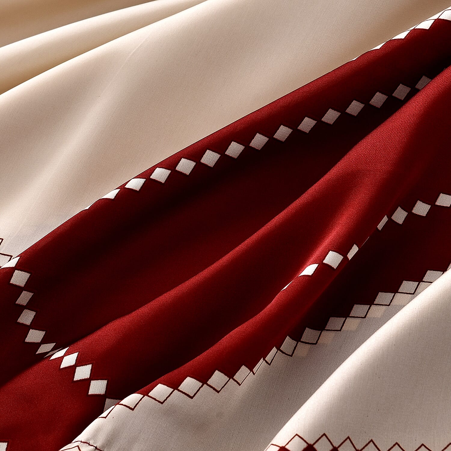 La Marey Wine Red and Ivory Geometric Diamond Silk Feeling Kaftan - One Size Fits Most