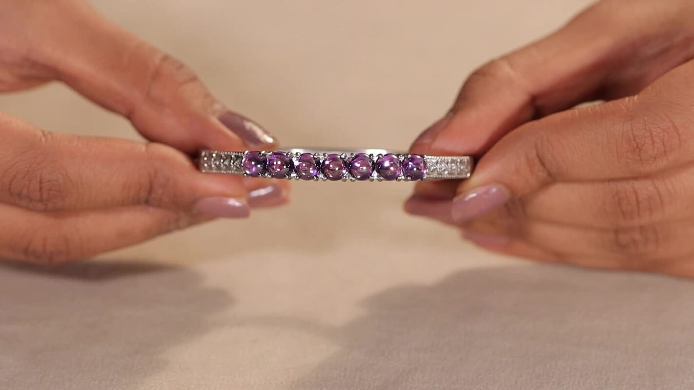 EverTrue Simulated Amethyst Color Diamond Bangle Bracelet in Stainless Steel (6.50 In) 14.15 ctw
