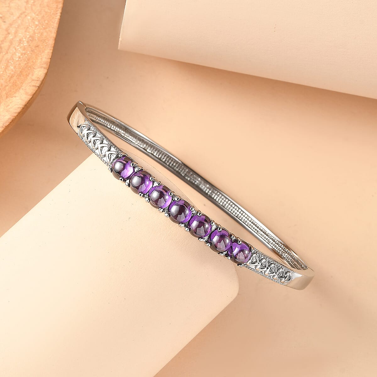 EverTrue Simulated Amethyst Color Diamond Bangle Bracelet in Stainless Steel (8.0 In) image number 1