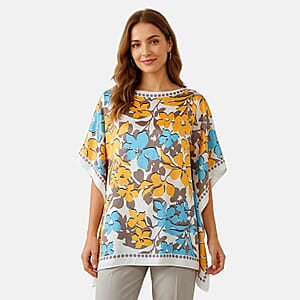 La Marey White and Blue Floral Silky Kaftan Boat Neck Top