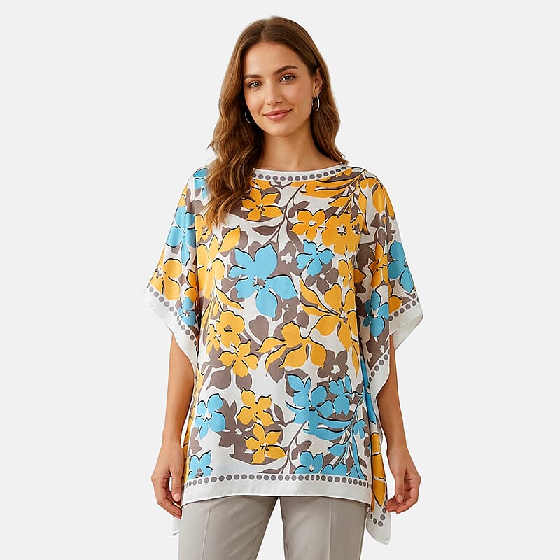 La Marey White and Blue Floral Silky Kaftan Boat Neck Top