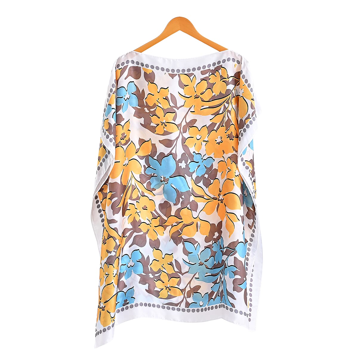 La Marey White and Blue Floral Silky Kaftan Boat Neck Top image number 1