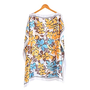 La Marey White and Blue Floral Silky Kaftan Boat Neck Top