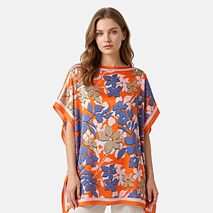 La Marey Orange and Blue Floral Silky Kaftan Boat Neck Top
