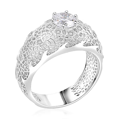 D'Joy Simulated Diamond 3.00 ctw Floral Lace Ring in Rhodium Over Sterling Silver (Size 11.0)