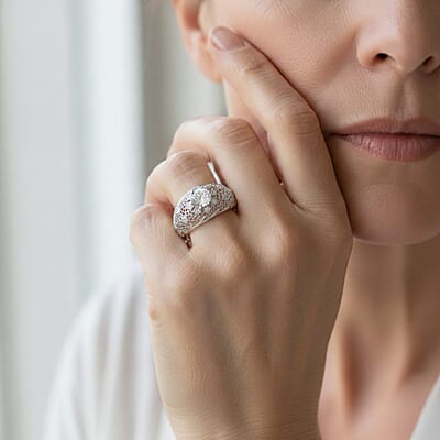 D'Joy Simulated Diamond 3.00 ctw Floral Lace Ring in Rhodium Over Sterling Silver (Size 5.0)