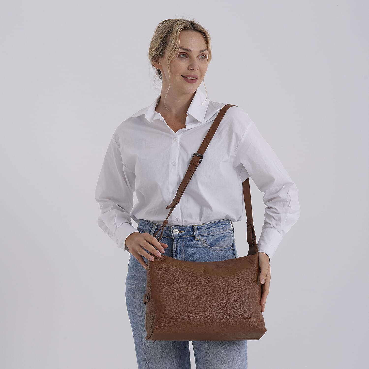 La Marey Tan Genuine Leather Crossbody Bag with Shoulder Strap