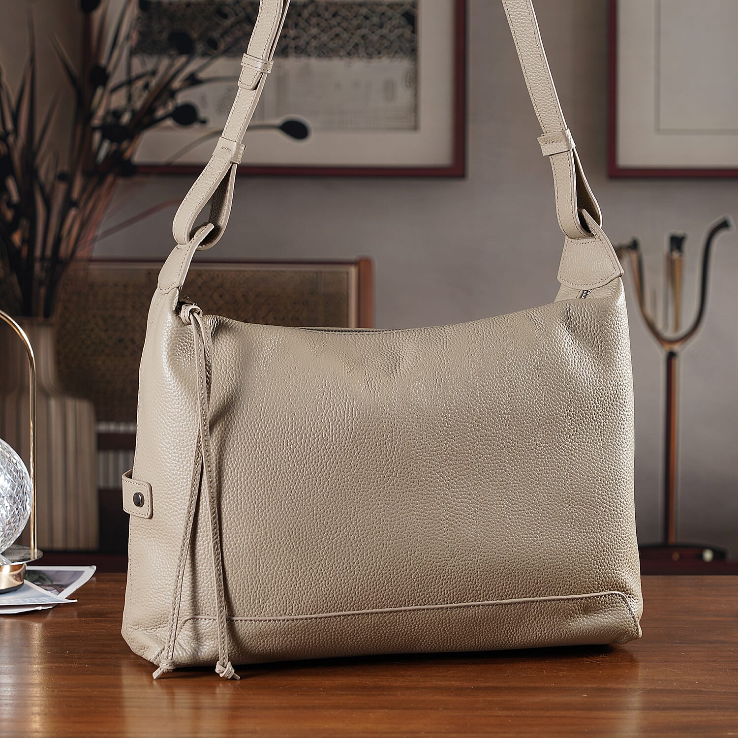 La Marey Beige Genuine Leather Crossbody Bag with Shoulder Strap