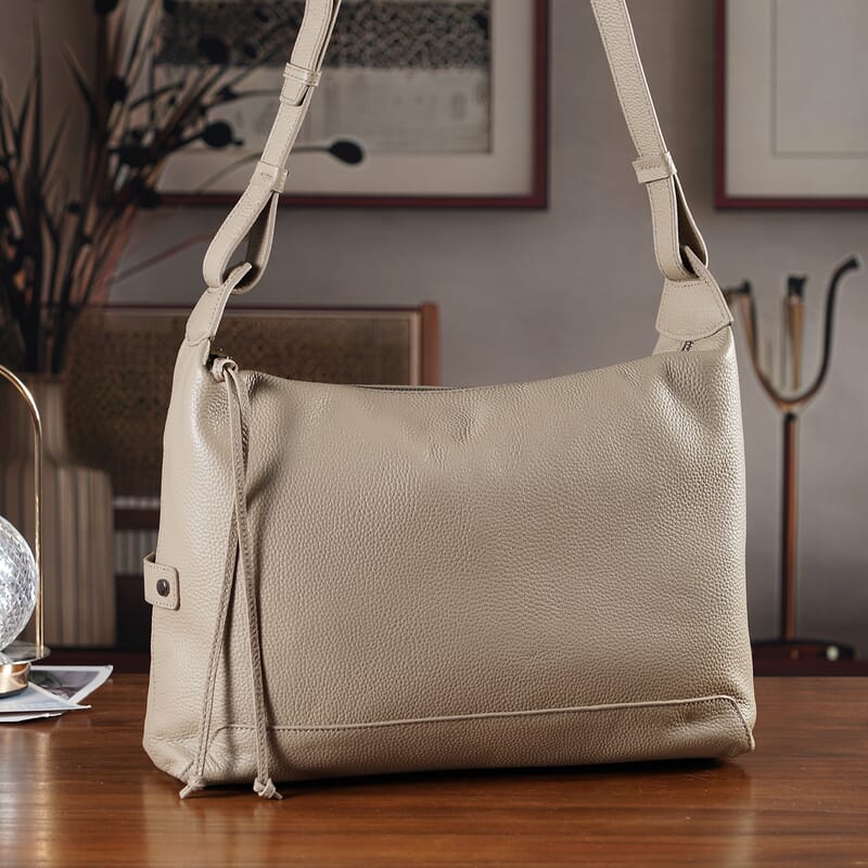 La Marey Beige Genuine Leather Crossbody Bag with Shoulder Strap
